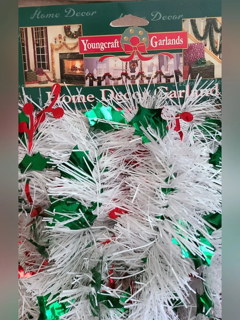 White Tinsel Garland w/Green Leaves & Red Berries & Haliogram Snowflake Garland